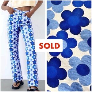 ZARA Blue Floral Straight Jeans size 4 Mod Flower Power Retro Cotton Jeans